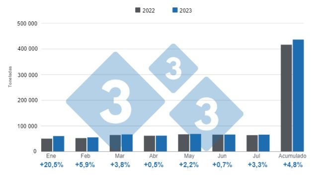 Gráfico 1. Producción mensual de carne de cerdo enero - julio 2023, variación anual. Elaborado por el Departamento de Economía e Inteligencia de Mercados de 333 Latinoamérica con datos de la Secretaría de Agricultura, Ganadería y Pesca del Ministerio de Economía de Argentina.