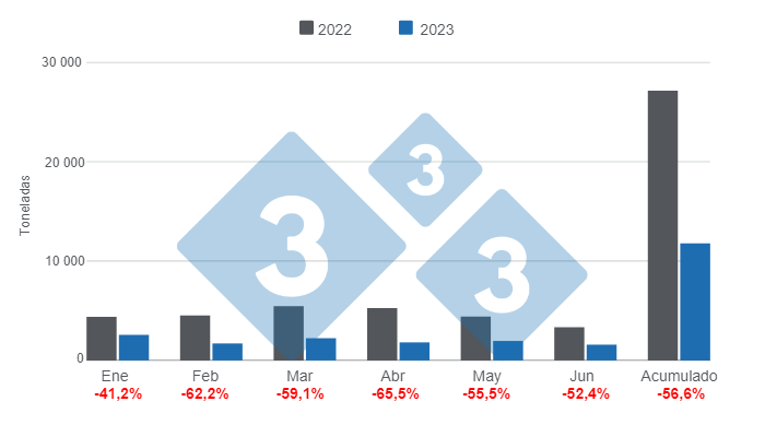 Gr&aacute;fico 1: Evoluci&oacute;n de las importaciones mensuales de carne de cerdo en 2023.&nbsp;Elaborado por el Departamento de Econom&iacute;a e Inteligencia de Mercados de 333 Latinoam&eacute;rica con datos de la Secretar&iacute;a de Agricultura, Ganader&iacute;a y Pesca del Ministerio de Econom&iacute;a de Argentina&nbsp;
