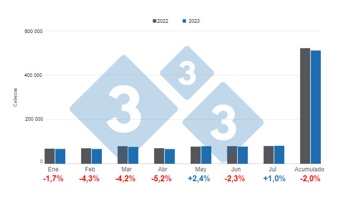 Gr&aacute;fico 1. Beneficio mensual de porcinos en lo corrido de 2023.&nbsp;Elaborado por el Departamento de Econom&iacute;a e Inteligencia de Mercados de 333 Latinoam&eacute;rica con datos de CAPORC y CNP.&nbsp;&nbsp;
