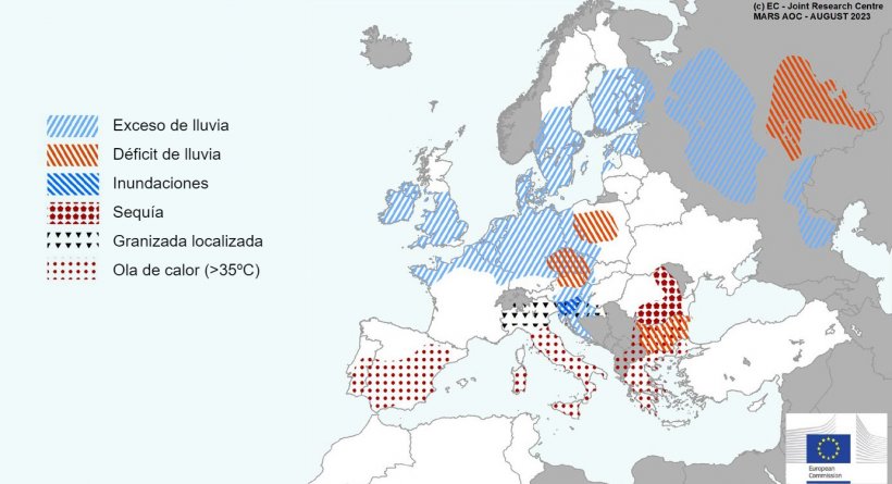 Mapa 1. Eventos climáticos extremos en Europa del 1 de julio al 13 de agosto del 2023 (fuente: MARS Butlletin 21/08/2023).