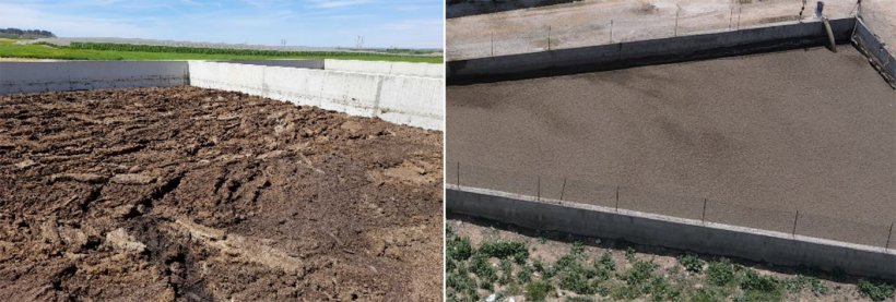 Imagen 1.&nbsp;Eficiencia de reducci&oacute;n de emisiones de NH3 del 40-60% con materiales flotantes: en la foto de la izquierda,&nbsp;costra natural compacta con carga y descarga bajo costra y en la foto de la derecha&nbsp;Arlita (imagen cedida por Arvet).
