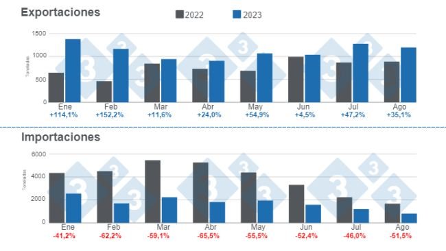 Gráfico 1. Evolución del comercio internacional de carne de cerdo en 2023. Elaborado por el Departamento de Economía e Inteligencia de Mercados de 333 Latinoamérica con datos de la Secretaría de Agricultura, Ganadería y Pesca del Ministerio de Economía de Argentina. 
