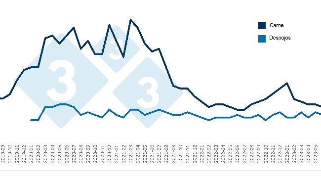 Importaciones mensuales chinas de carne de cerdo y despojos (en toneladas). Fuente: 333 con base en datos de la Administración General de Aduanas de China.