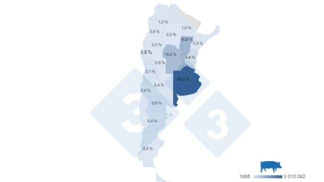 Mapa 1. Participación de la faena de porcinos por provincia en el período enero – septiembre de 2023. Elaborado por el Departamento de Economía e Inteligencia de Mercados de 333 Latinoamérica con datos de la Secretaría de Agricultura, Ganadería y Pesca del Ministerio de Economía de Argentina. 