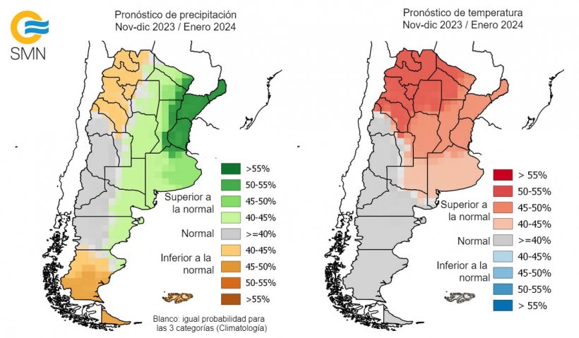 Mapa 3. Pronóstico climático trimestral en Argentina para noviembre 2023- enero 2024. Fuente: Servicio Meteorológico Nacional de Argentina