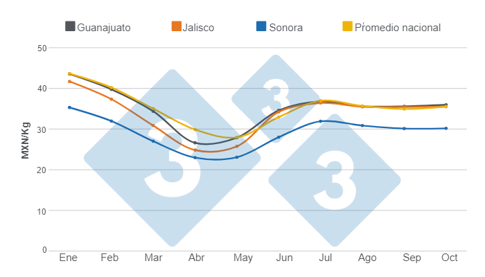 Gr&aacute;fico 2.&nbsp;Evoluci&oacute;n de los precios pagados al productor para los principales mercados y promedio nacional, enero - octubre de 2023.&nbsp;Elaborado por el Departamento de Econom&iacute;a e Inteligencia de Mercados de 333 Latinoam&eacute;rica con datos del Grupo Consultor de Mercados Agr&iacute;colas (GCMA).&nbsp;
