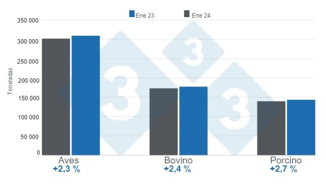 Gráfico 1. Producción de las principales proteínas de origen animal en enero de 2024 – Variaciones anuales. Elaborado por el Departamento de Economía e Inteligencia de Mercados de 333 Latinoamérica con datos del Servicio de Información Agroalimentaria y Pesquera (SIAP). 