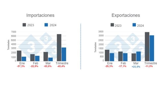 Gráfico 1: Comercio internacional de carne de cerdo en el primer trimestre de 2024, variaciones anuales. Elaborado por el Departamento de Economía e Inteligencia de Mercados de 333 Latinoamérica con datos de la Secretaría de Agricultura, Ganadería y Pesca del Ministerio de Economía de Argentina. 