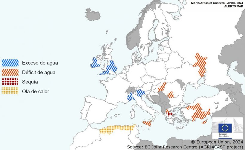 Mapa 1. Eventos climáticos extremos en Europa del 1 de marzo del 2024 al 13 de abril del 2024 (fuente: MARS Butlletin 22/04/2024).