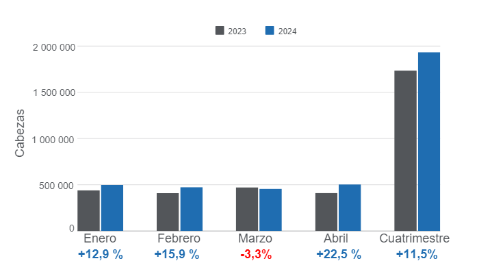 Gr&aacute;fico 1. Beneficio mensual de porcinos en el primer cuatrimestre de 2024, variaciones anuales.&nbsp;Elaborado por el Departamento de Econom&iacute;a e Inteligencia de Mercados de 333 Latinoam&eacute;rica con datos del DANE.&nbsp;
