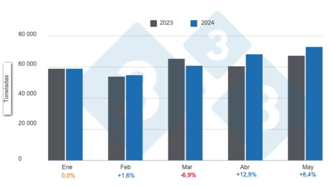 Gráfico 1: producción mensual de carne de cerdo para el período enero – mayo, variaciones anuales. Elaborado por el Departamento de Economía e Inteligencia de Mercados de 333 Latinoamérica con datos del Ministerio de Economía de Argentina 