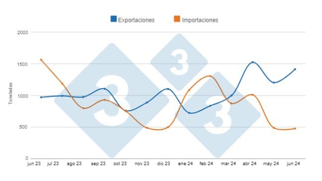 Gráfico 1. Evolución de las exportaciones e importaciones de carne de cerdo en los últimos 12 meses. Elaborado por el Departamento de Economía e Inteligencia de Mercados de 333 Latinoamérica con datos de la Secretaría de Agricultura, Ganadería y Pesca del Ministerio de Economía de Argentina. 