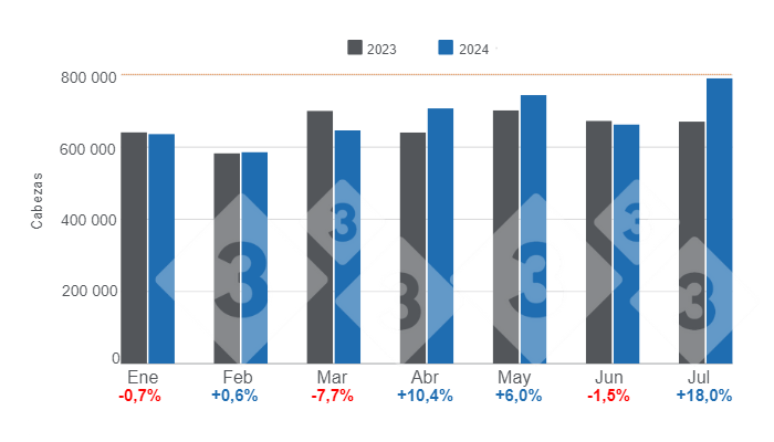 Gr&aacute;fico 1. Beneficio&nbsp;mensual de porcinos en el per&iacute;odo enero - julio de 2024, variaciones anuales.&nbsp;Elaborado por el Departamento de Econom&iacute;a e Inteligencia de Mercados de 333 Latinoam&eacute;rica con datos de la Secretar&iacute;a de Agricultura, Ganader&iacute;a y Pesca&nbsp;del Ministerio de Econom&iacute;a de Argentina.&nbsp;
