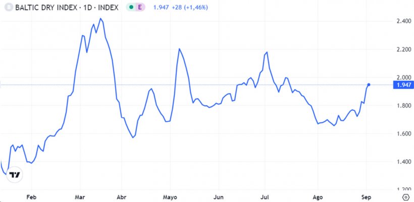 Gráfico 1. Evolución del índice de los fletes marítimos, Baltic Dry Index, en el mes de agosto  (fuente: https://es.tradingeconomics.com/commodity/baltic).