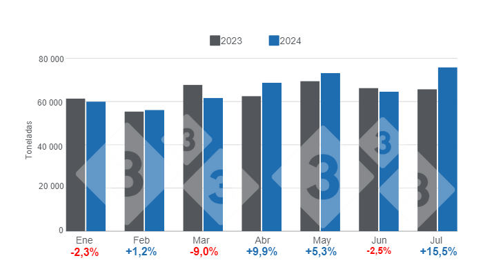 Gr&aacute;fico 1. Evoluci&oacute;n mensual del consumo aparente de carne de cerdo en el per&iacute;odo enero &ndash; julio de 2024, variaciones anuales.&nbsp;Elaborado por el Departamento de Econom&iacute;a e Inteligencia de Mercados de 333 Latinoam&eacute;rica con datos de la Secretar&iacute;a de Agricultura, Ganader&iacute;a y Pesca del Ministerio de Econom&iacute;a de Argentina.
