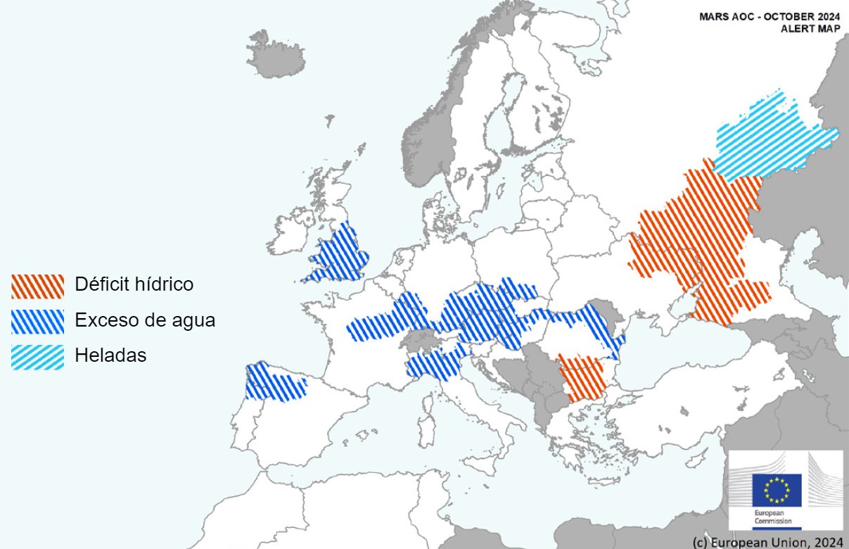 Mapa 1. Eventos climáticos extremos en Europa del 1 de septiembre del 2024 al 19 de octubre del 2024 (fuente: MARS Butlletin 28/10/2024).