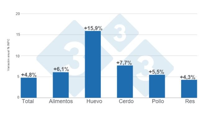 Gráfico 1. Variaciones porcentuales anuales del INPC total, alimentos y principales proteínas de origen animal - octubre de 2024. Elaborado por el Departamento de Economía e Inteligencia de Mercados de 333 Latinoamérica con datos del Servicio de Información Agroalimentaria y Pesquera (SIAP).