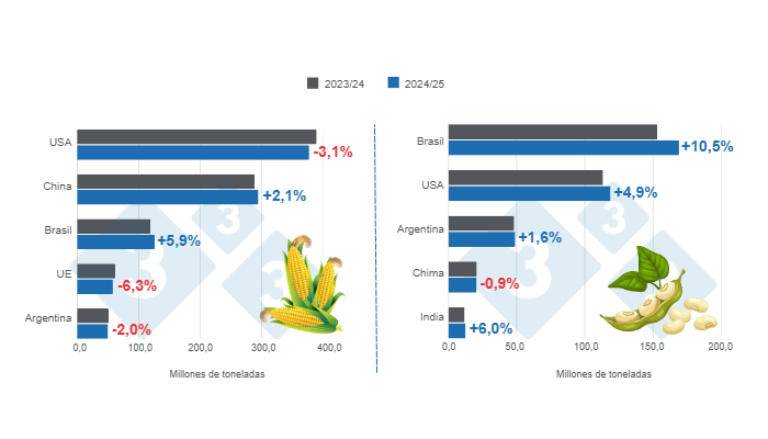 Gráfico 1: Proyección de cosecha para los principales productores mundiales de maíz y soya - campaña 2024/25 versus ciclo 2023/24 – última actualización: 11 de marzo de 2025.  

Elaborado por el Departamento de Economía y Sostenibilidad de 333 Latinoamérica con datos de FAS – USDA