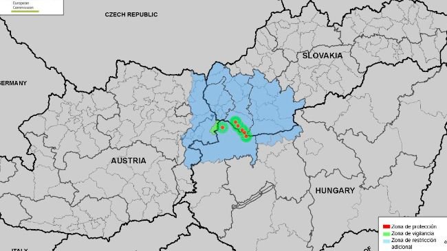 Zonas de protección y vigilancia y zona de restricción adicional según el Documento PLAN/FMD07/2025 2025-SANTE G2. Última actualización 27/03/2025. Fuente: CE.