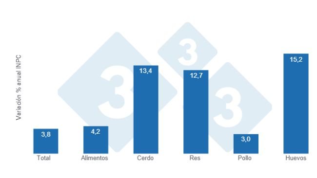 Gráfico 1: Variaciones porcentuales anuales del INPC total, alimentos y principales proteínas de origen animal - marzo de 2025.
Elaborado por el Departamento de Economía y Sostenibilidad de 333 Latinoamérica con datos del Servicio de Información Agroalimentaria y Pesquera (SIAP)