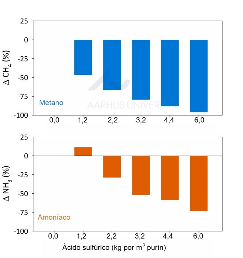 Figura 1. Las normativas danesas establecen la adici&oacute;n de 6 kg de &aacute;cido sulf&uacute;rico por m&sup3; de pur&iacute;n de cerdo para reducir las emisiones de amon&iacute;aco. En un estudio piloto, se utilizaron seis dosis diferentes de &aacute;cido (de 0 a 6 kg por m&sup3;). Los dos gr&aacute;ficos muestran los cambios porcentuales en las emisiones de metano y amon&iacute;aco, tomando como referencia el pur&iacute;n de cerdo sin tratar. Fuente: Ma et al., 2022.
