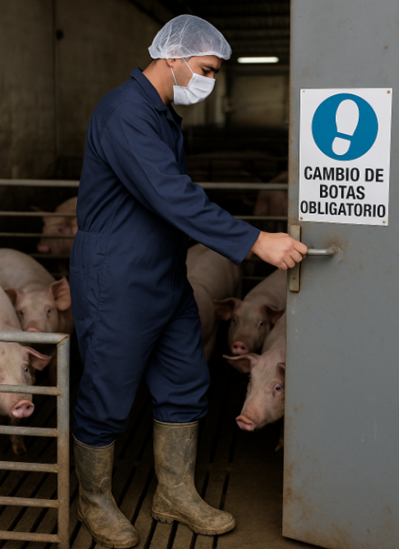 Imagen 1.&nbsp;Trabajador en una granja porcina atraviesa zonas sin cambiarse las botas, ignorando el protocolo de bioseguridad indicado.&nbsp;Imagen generada por inteligencia artificial para fines ilustrativos (OpenAI, 2025).
