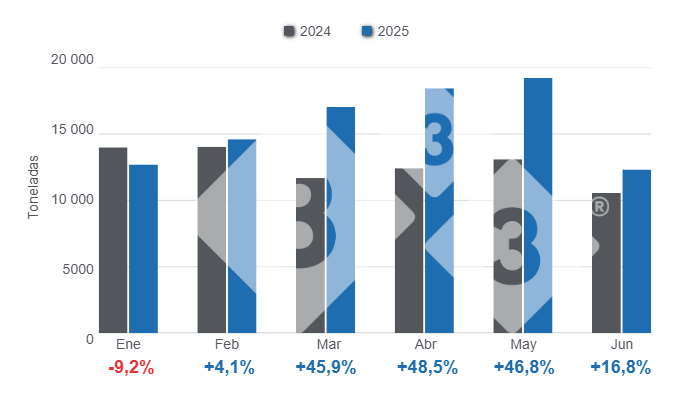 Gr&aacute;fico 1: Importaciones mensuales de productos y subproductos de cerdo en el primer semestre de 2025, variaciones anuales. Elaborado por el Departamento de Econom&iacute;a y Sostenibilidad de 333 Latinoam&eacute;rica con datos del DANE.
