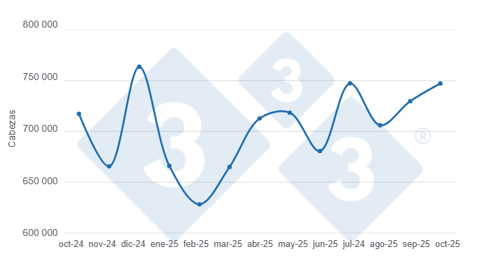 Gr&aacute;fico 1: Evoluci&oacute;n de la faena de porcinos en los &uacute;ltimos 12 meses. 

Elaborado por el Departamento de Econom&iacute;a y Sostenibilidad de 333 Latinoam&eacute;rica con datos de la Secretar&iacute;a de Agricultura, Ganader&iacute;a y Pesca del Ministerio de Econom&iacute;a de Argentina.