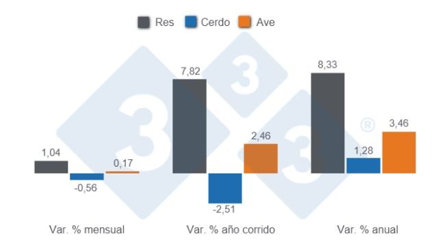 Gráfico 1: Variaciones porcentuales del Índice de Precios al Consumidor (IPC) de las principales proteínas de origen animal en Colombia, octubre de 2025.
Elaborado por el Departamento de Economía y Sostenibilidad 333 Latinoamérica son datos del DANE.