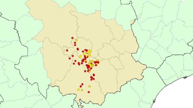 Localización detallada de los 142 casos de jabalíes silvestres detectados en Cataluña. Círculo amarillo: casos de nuevos focos notificados. Círculo rojo: casos de focos anteriores (Fuente: Departament d’Agricultura, Ramaderia, Pesca i Alimentació)