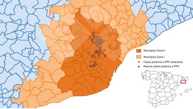 Localización de los 40 focos en jabalíes silvestres y de los jabalíes capturados
o hallados muertos negativos detectados en la zona restringida II (Fuente: MAPA).