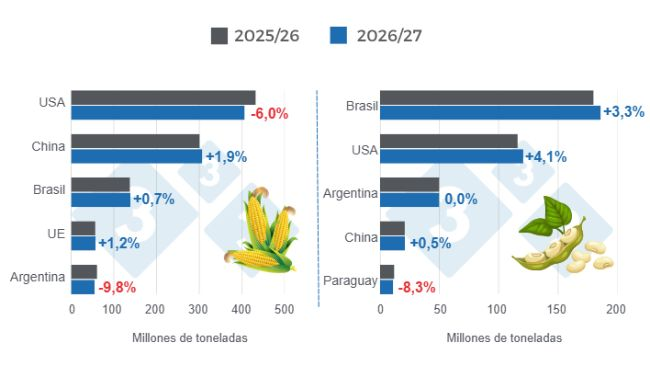 Gráfico 1: Proyección de cosecha para los principales productores mundiales de maíz y soya - campaña 2026/27 versus ciclo 2025/26 - última actualización: 11 de junio de 2026.
Elaborado por el Departamento de Economía y Sostenibilidad de 333 Latinoamérica con datos de FAS - USDA