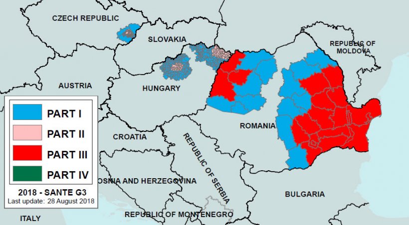 Imagen 2. Regionalizaci&oacute;n de&nbsp;la PPA en Ruman&iacute;a y pa&iacute;ses colindantes a&nbsp;28 de agosto de 2018.&nbsp;Parte I: zona de alto riesgo pero no han habido focos. Parte III: zona con focos declarados. Fuente: Comisi&oacute;n Europea.
