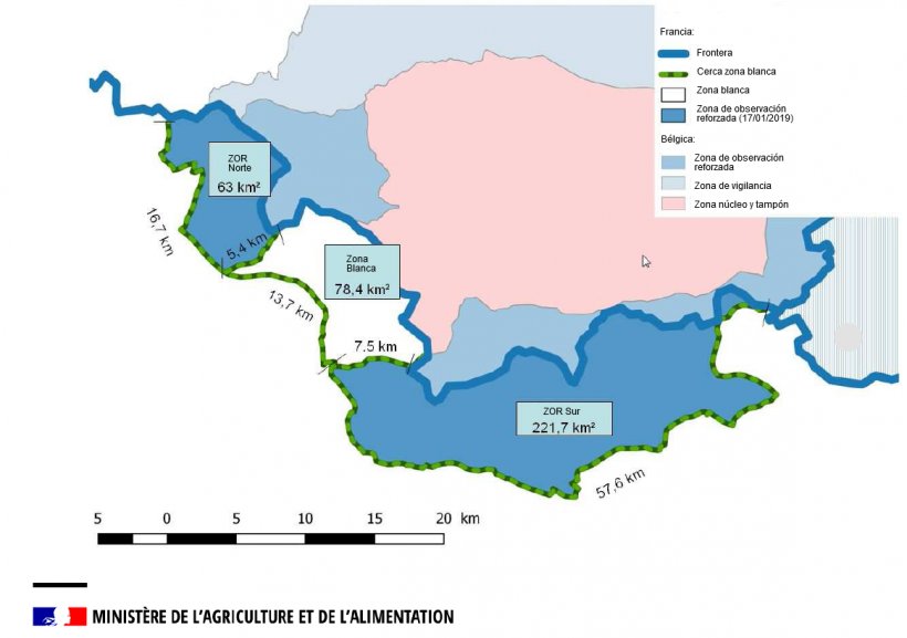 Mapa de las zona blanca y zonas de observación reforzada para la PPA