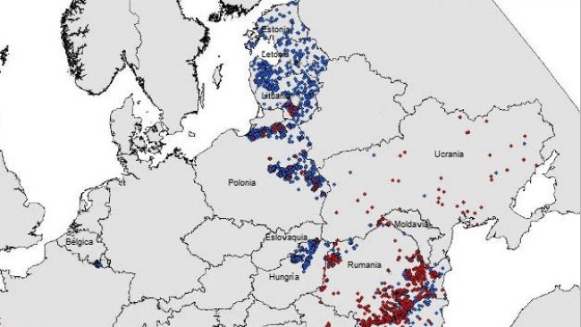 Mapa de los focos de PPA en la UE y Ucrania en 2019