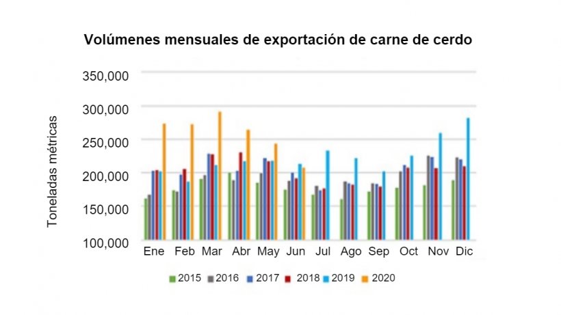 Vol&uacute;menes mensuales de exportaci&oacute;n de carne de cerdo. Fuente: USMEF.
