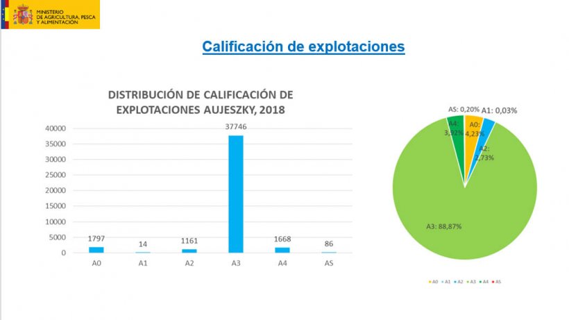 Distribuci&oacute;n de las explotaciones en funci&oacute;n de la calificaci&oacute;n para la Enfermedad de Aujeszky (A0: se desconoce la situaci&oacute;n en cuanto a la vacunaci&oacute;n o de los controles serol&oacute;gicos en los &uacute;ltimos doce meses, o no se cumple el programa de vacunaci&oacute;n o de los controles serol&oacute;gicos; A1: se cumple el programa de vacunaci&oacute;n y los controles serol&oacute;gicos, con diagn&oacute;stico positivo frente a la glicoprote&iacute;na gE del virus de la EA en el &uacute;ltimo control oficial efectuado; A2: se cumple el programa de vacunaci&oacute;n y los controles serol&oacute;gicos, con resultado negativo frente a la glicoprote&iacute;na gE del virus de la EA en el &uacute;ltimo control oficial efectuado, sin que se haya iniciado a&uacute;n las actuaciones precisas para su calificaci&oacute;n, o habi&eacute;ndolas iniciado no las hayan finalizado; A3 o A4: las explotaciones con calificaci&oacute;n sanitaria de indemne u oficialmente indemne, respectivamente.)
