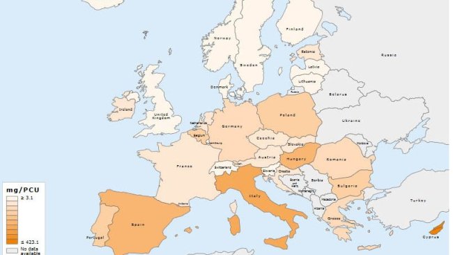 Distribución espacial de las ventas globales de todos los antimicrobianos para animales productores de alimentos, en mg/PCU, para 31 países en 2017.