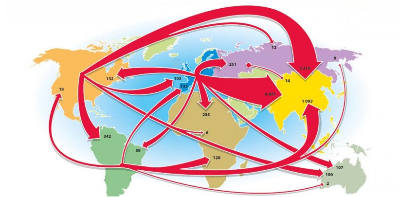 Principaux flux 2020 en milliers de tonnes (échanges de plus de 100 000 tonnes)