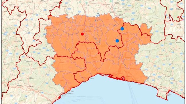 En rojo caso confirmado, en azul casos sospechosos. En naranja zona considerada como infectada debida al primer caso confirmado. Fuente: imagen cedida por CEREP y modificada por 333.