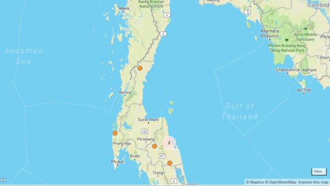 Brotes de peste porcina africana y grupos de brotes en Tailandia. © OpenStreetMap contributors. https://www.openstreetmap.org/copyright