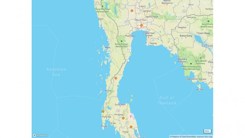 Brotes de peste porcina africana y grupos de brotes en Tailandia. &copy; OpenStreetMap contributors.&nbsp;https://www.openstreetmap.org/copyright
