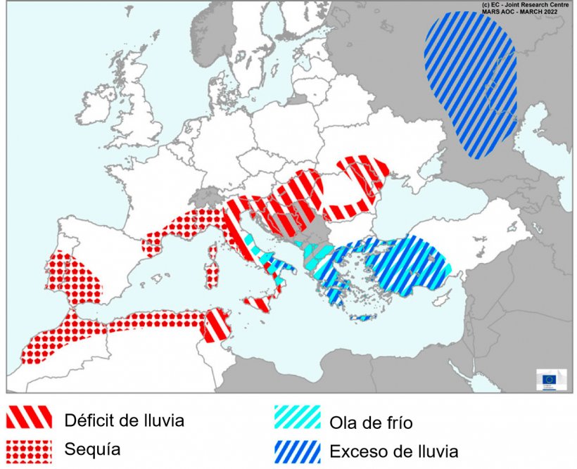 Mapa 1. Eventos climáticos extremos en Europa del 1 de febrero al 18 de marzo del 2022 (fuente: MARS Butlletin 21/03/2022)