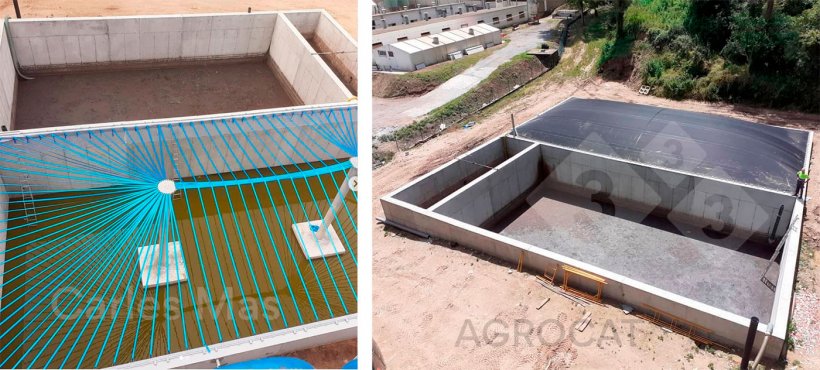 Imagen 1: Vista a&eacute;rea de la estructura de cuerdas existente bajo la lona de propileno. Imagen 2: Vista a&eacute;rea de la planta de biog&aacute;s la cual consta de una zona de recepci&oacute;n de los purines frescos, zona de digesti&oacute;n anaerobia y zona de almacenaje del digerido.
