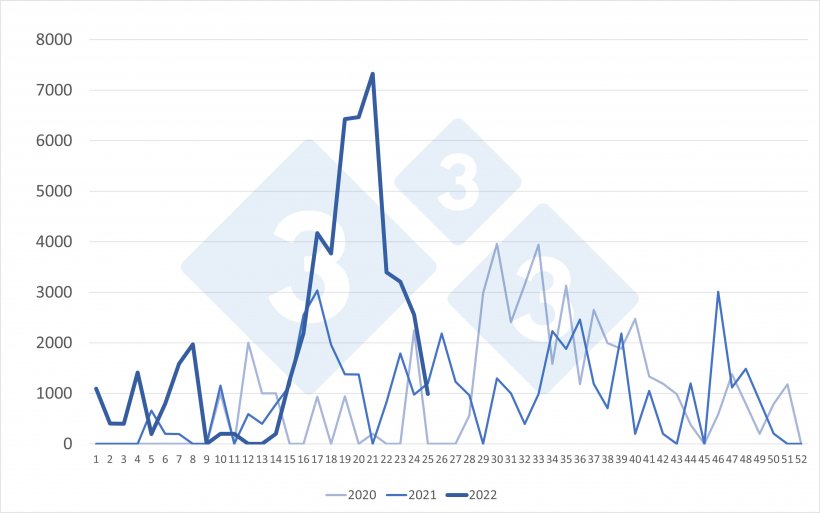 Importaciones semanales de cerdos neerlandeses (cabezas). Fuente: 333 a partir de datos de RVO.
