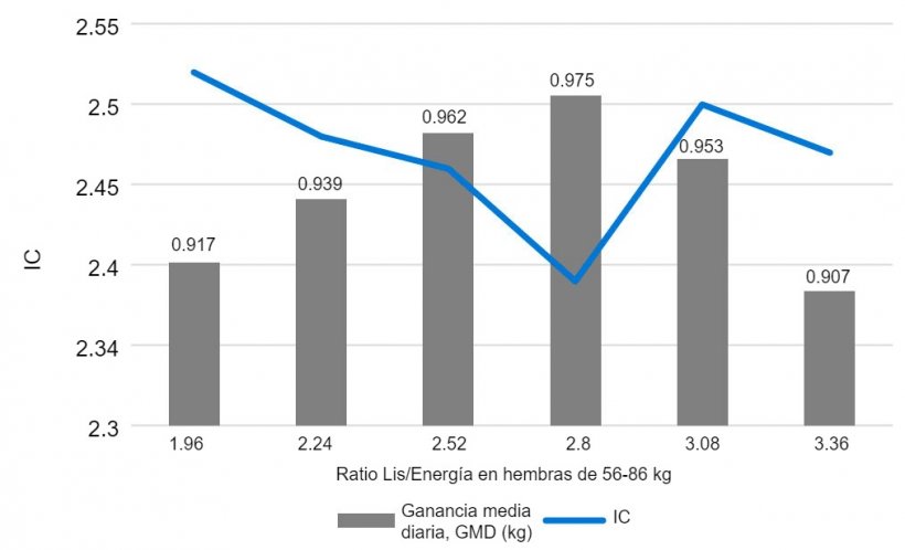 Gr&aacute;fico 1. Efecto del ratio Lis/Energia en hembras de 56-86 Kg. Main, et al. 2002
