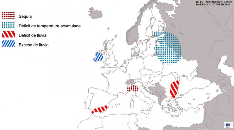 Mapa 1. Eventos climáticos extremos en Europa del 1 de septiembre al 21 de octubre de 2022 (fuente: MARS Butlletin 24/10/2022)