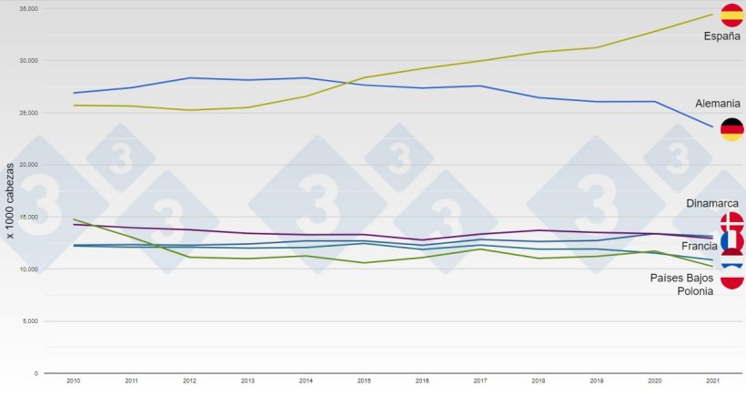 Evoluci&oacute;n del censo porcino en los principales productores europeos entre 2010 y 2021.

