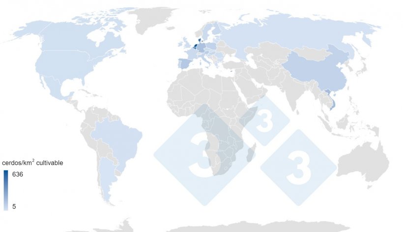 Mapa 1. N&ordm; de cerdos/km2 de tierra cultivable en los principales productores mundiales en 2020. Datos tierra cultivable: Banco Mundial. Datos censos: 3tres3
