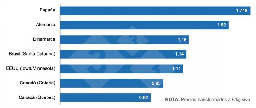 Figura 1. Comparativa precios actuales en los principales países exportadores de cerdo